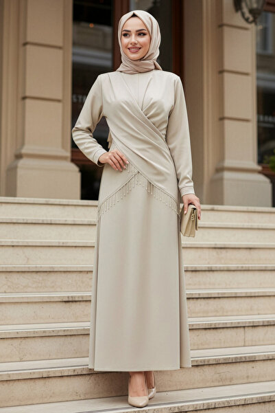 N.S NEVA STYLE Bej Tesettür Saten Abiye Elbise 6274BEJ