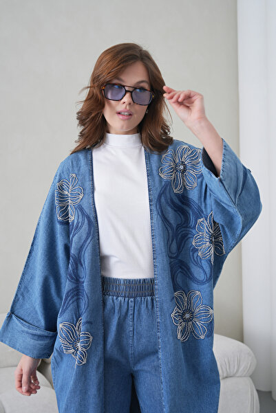 Miss Allos Women's Embroidered Summer Denim Bat Sleeve Two-Piece Set