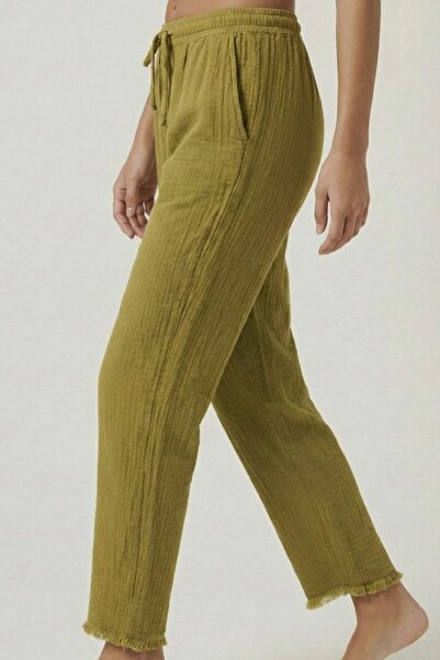 madam trend Oil Green 100% Cotton Muslin Fabric Trousers - Elastic Waist, Nar...