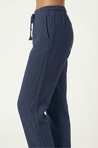 madam trend Navy Blue 100% Cotton Muslin Fabric Trousers - Elastic Waist, Nar...