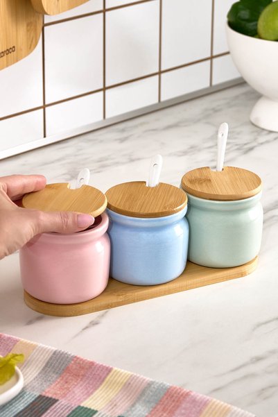 Karaca Portobello Bamboo Lid Seasoning Set with 3 Trays and Spoon