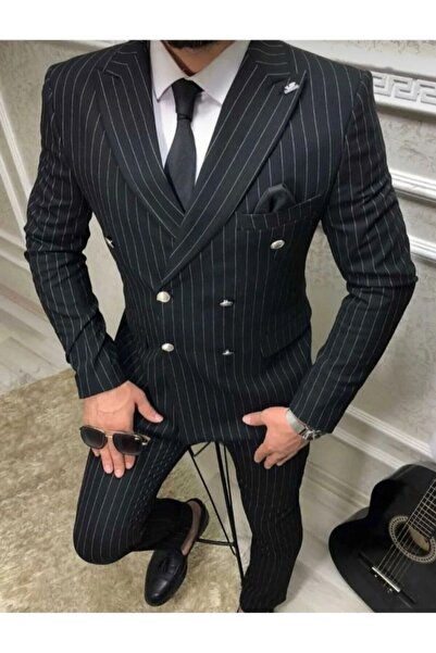 MY VİNTAGE Double-Breasted Black Striped Slimfit Suit