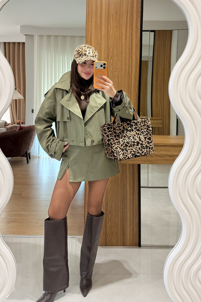 Gizem Ecemiş Stone Haki Kemerli Şort Etek