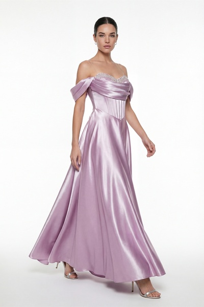 Lafaba Kadın Pudra Kayık Yaka Taşlı Uzun Söz Nişan Nikah Abiye Elbise