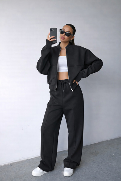 BayBayan طقم بدلة رياضية نسائية بسحّاب وثلاثة خيوط مخططة وسروال واسع الساق