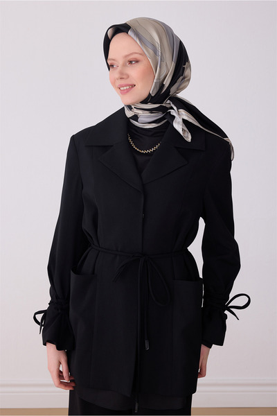 Belli Siyah Çiçek Desen %100 Twill İpek Eşarp 4303-85