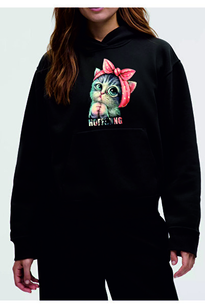 HOFFNUNG Unisex Cotton Oversize "Cat Kitten Hoffnung" Printed Hooded Collar C...