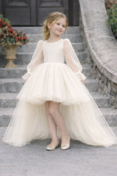 SUNEH Kız Çocuk Ekru Tül Elbise Uzun Kuyruklu Prenses Model, Mezuniyet Doğum ...