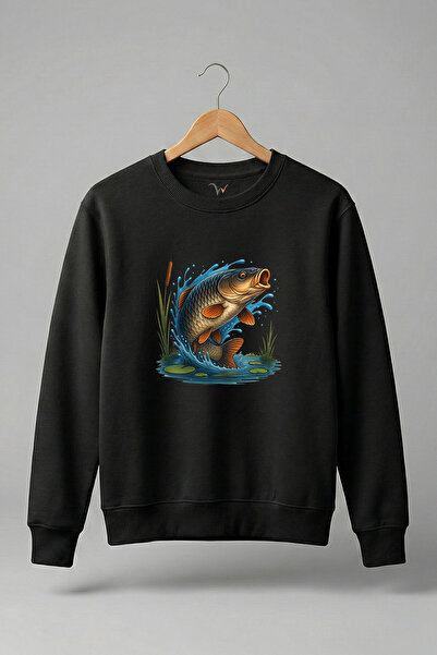 WİDİ Pescuit în aer liber, cu imprimeu cu pește crap, 100% bumbac, croială no...