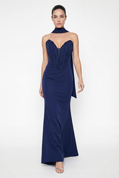 Lafaba Kadın Lacivert Straplez Yaka Taşlı Uzun Balık Abiye Elbise