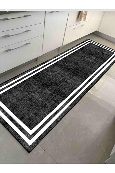 Halise Home Beyaz Çerçeveli Siyah Eskitme Desen Kaymaz Tabanlı Yıkanabilir Ba...