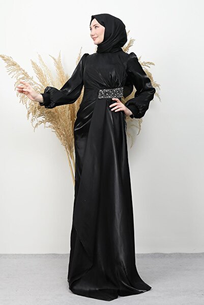 GİYZAMİLA Waist Stone Embellished Evening Dress Black