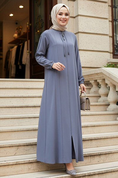 N.S NEVA STYLE Zippered Gray Hijab Robe 45320Gr