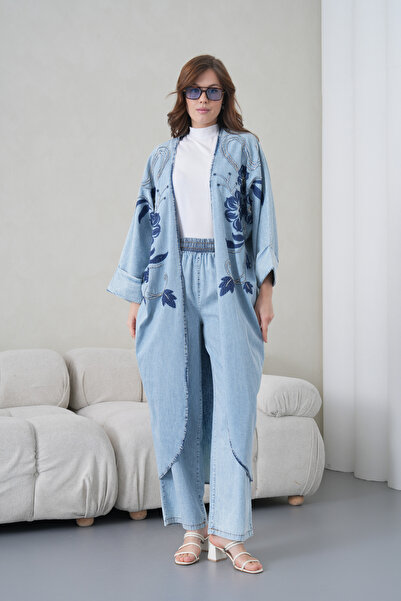 Miss Allos Cardigan kimono din denim cu broderie frontală și mărgele pentru f...