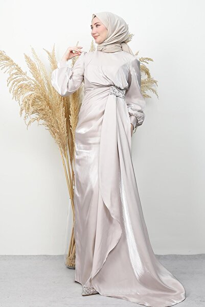 GİYZAMİLA Waist Stone Embellished Evening Dress Beige