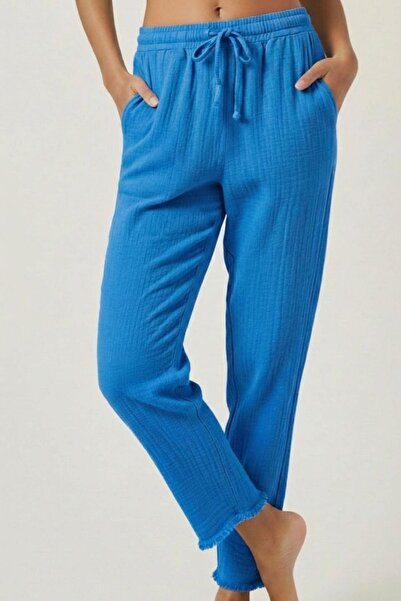 madam trend Turquoise Blue 100% Cotton Muslin Fabric Trousers - Elastic Waist...