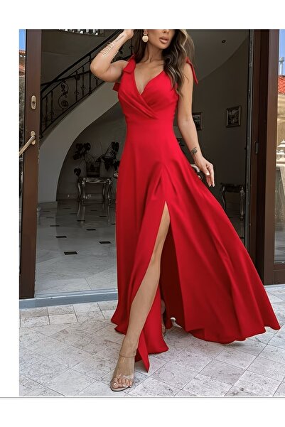 Lacis Red Flared Cut-Off Double Breasted Collar Shoulder Tie Maxi Dress