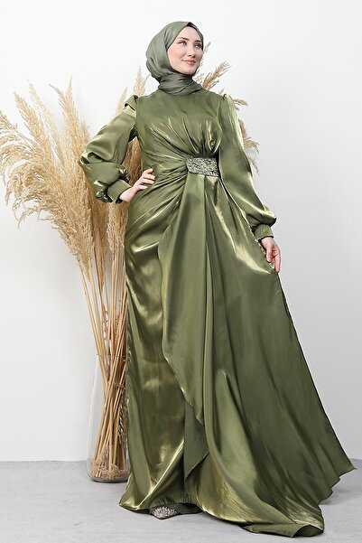 GİYZAMİLA Waist Stone Embellished Evening Dress Khaki