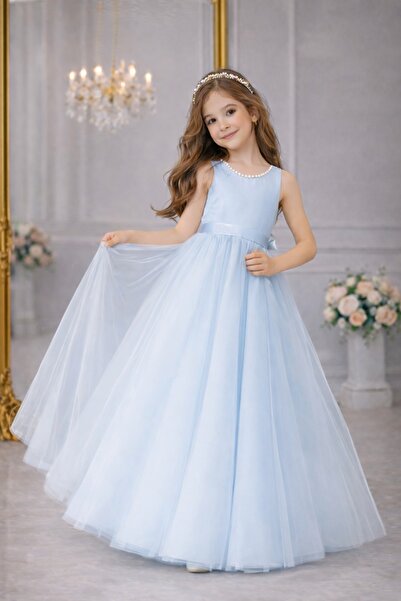 SUNEH Kız Çocuk Yaka İnci Detaylı Bebe Mavi Balo Doğum Günü Mezuniyet Parti A...