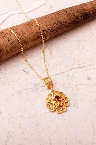 Sümer Telkari Taşlı Telkari Elişi Altın Kaplama 925 Ayar Gümüş Çiçek Kolye 8109