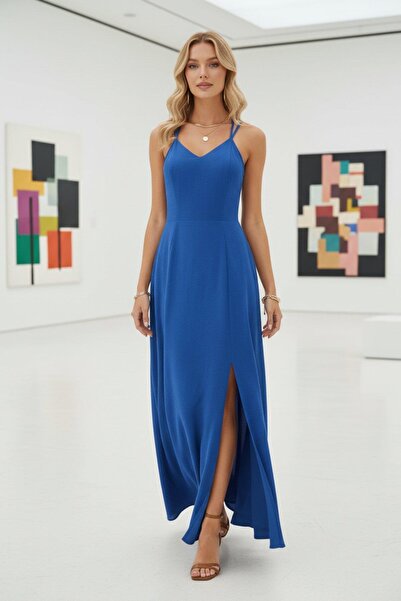 Mossta Back Detailed Cross Strap Maxi Length Aerobin Dress - Blue