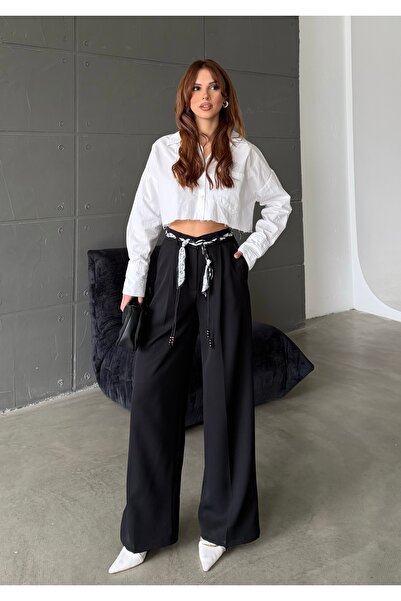 BEJNA Γυναικείο υφαντό παντελόνι με λεπτομέρεια φουλάρι, φαρδιά μπατζάκια και...