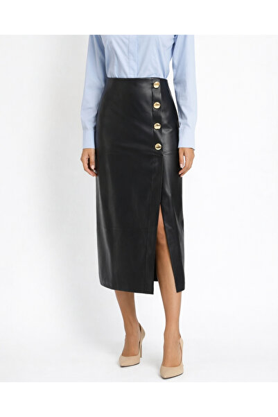 MORE MOSS Women's High Waist Midi Length Leather Skirt with Gold Button Detail