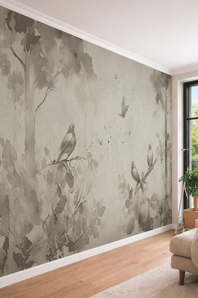 dreamwall Sulu Boya Efektli Kuşlu Orman Desenli Tek Parça Tekstil Duvar Kağıdı