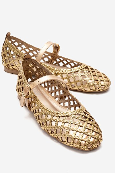 LuviShoes DOUX Altın Örgü Dokulu Bant Detaylı Kadın Babet Ayakkabı