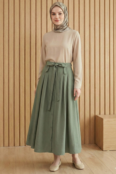 Kirazgym Women's Front Buttoned Lace-Up Parachute Fabric Hijab Skirt - Khaki