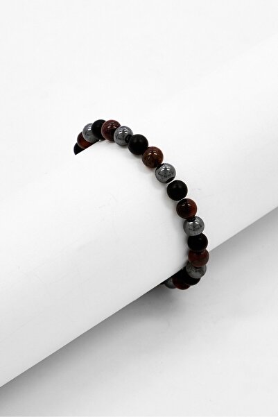 Steeltime Men Hematite Lava Onyx Tiger Eye Beaded Bracelet, Black