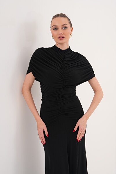 MILANOFOX Kadın Yüksek Yaka Drapeli Büzgü Detaylı Midi Elbise