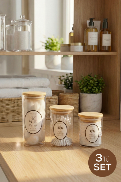 Vienev Set of 3 Cotton Canisters Glass Jar with Bamboo Lid with Label |   1X2...