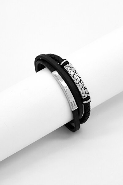 Steeltime Men Leather Braided Layered Bracelet, Black