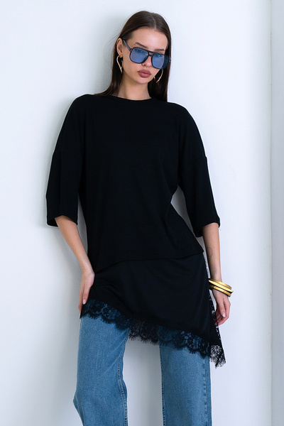 Trend Alaçatı Stili Γυναικείο μαύρο μπλουζάκι με δαντέλα σε μεγάλο μέγεθος Al...