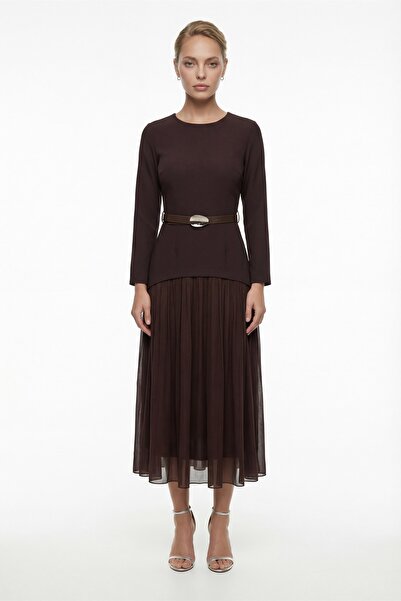 Lafaba Women's Brown Belted Midi Evening Dress