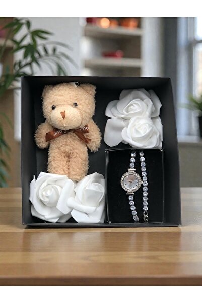 Denseden Sevgililer Günü Sevgiliye Hediye Ayıcık Gül ve Saat Seti | Şık Kutul...