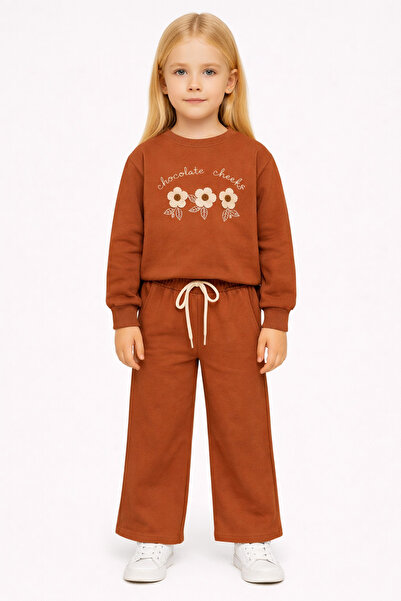 zepkids Crew Neck Daisy Embroidered Cinnamon Color Girls' Tracksuit Set