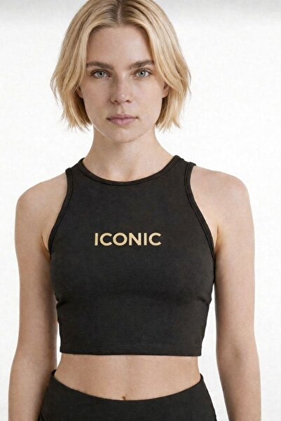 TWINTICKS Μαύρο αθλητικό μπούστο με χρυσό τύπωμα – Κοντό τοπ για Γυμναστική &...