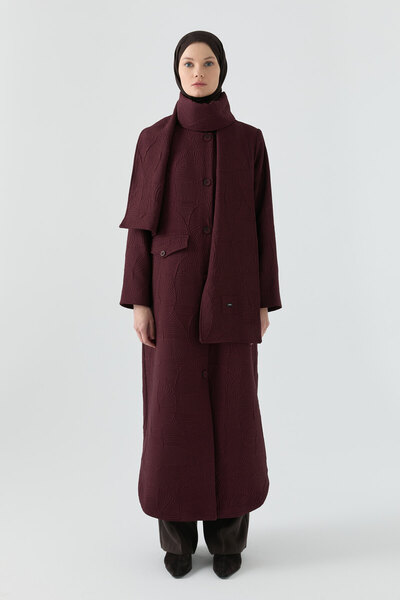 Tuğba Kombinli Atkılı Kapitone Pardesü - Mürdüm