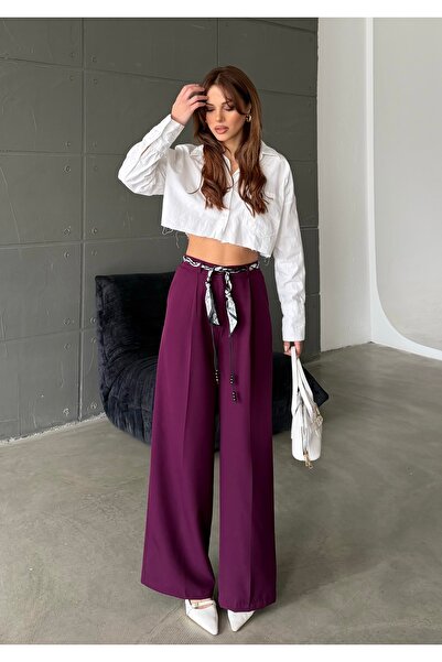 BEJNA Women's Scarf Detailed Wide Leg High Waist Woven Trousers