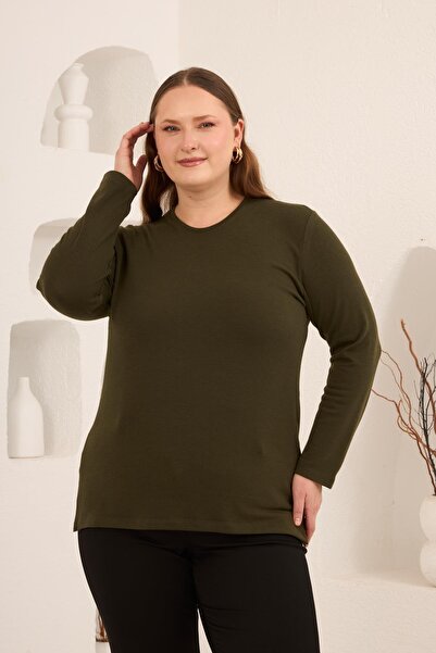 RMG Yırtmaç Detaylı Bisiklet Yaka Kadın Büyük Beden Basic Triko Haki