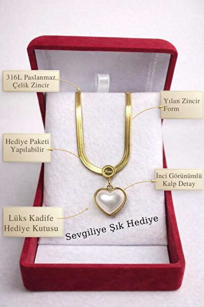 Sobe Hediyelik Stainless Steel Snake Chain Necklace – Pearl-Look Heart Pendan...