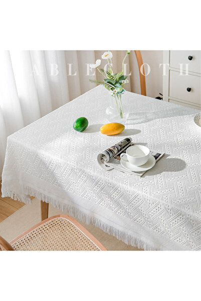 None Cotton and Linen Tablecloth with Tassel, Heat Insulation Lace Rectangle ...