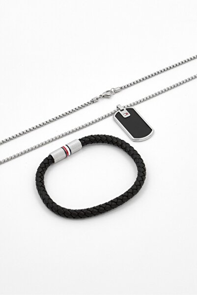 Tommy Hilfiger Men 2 Piece Fashionable Necklace With Bracelet, Silver/Brown