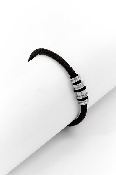 Police Men Leather Weave Wrist Strap Bracelet, Dark Brown