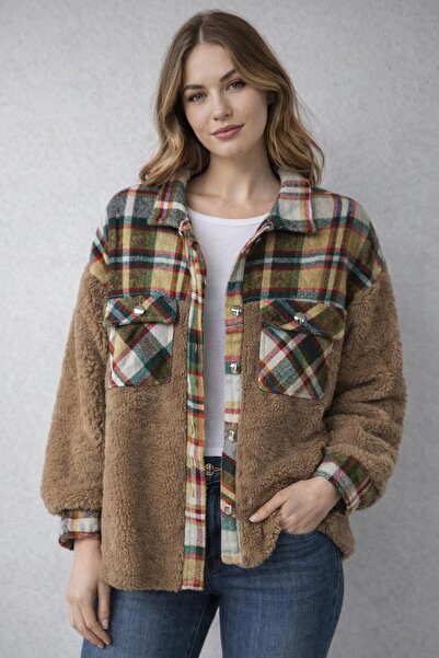 NİDİBAY KADIN ÇİFT CEPLİ PELUŞ ODUNCU GÖMLEK KIŞLIK GÜNLÜK RAHAT