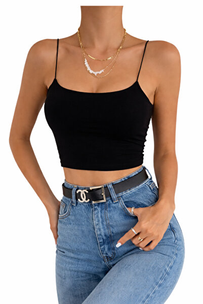 Velarise İp Askılı Astarlı Crop Büstiyer Bluz Siyah ve Beyaz İkili Set