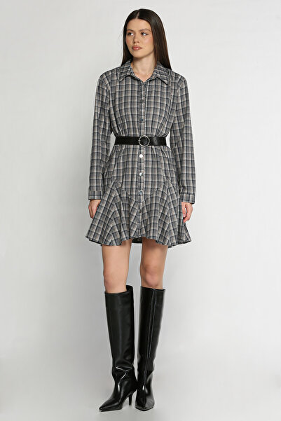 azragül giyim Belted Plaid Ruffle Shirt Dress
