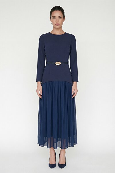 Lafaba Women's Navy Blue Belted Midi Evening Dress